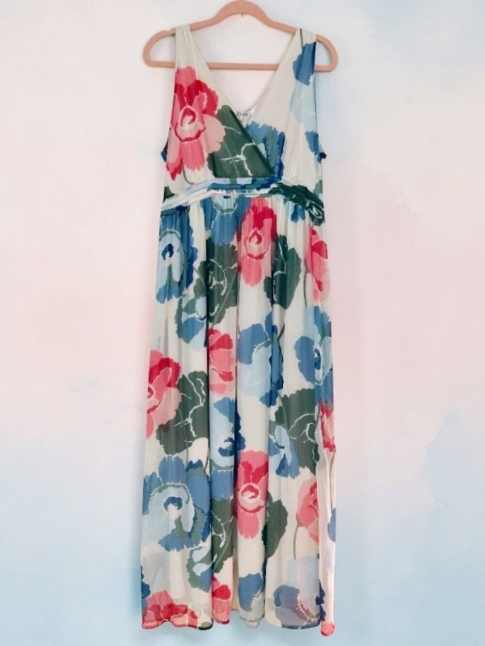 Motherhood Maternity Floral Chiffon Maxi Dress LARGE Sleeveless Romantic BOHO